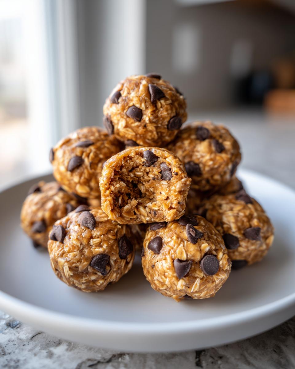 A stack of homemade peanut butter protein balls mixed with oats and mini chocolate chips, one is bitten into.