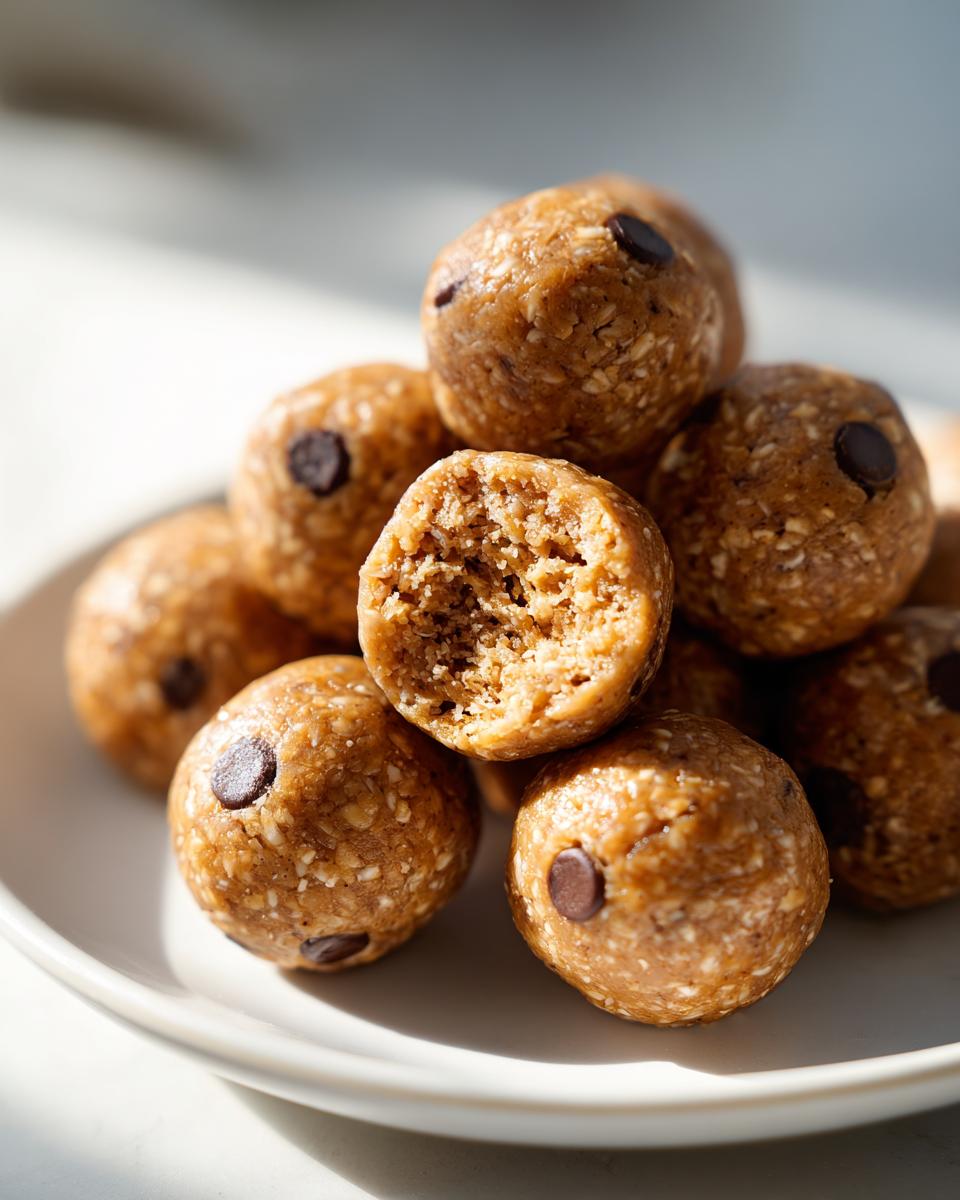 A stack of homemade peanut butter protein balls, one is broken open to show the texture inside.
