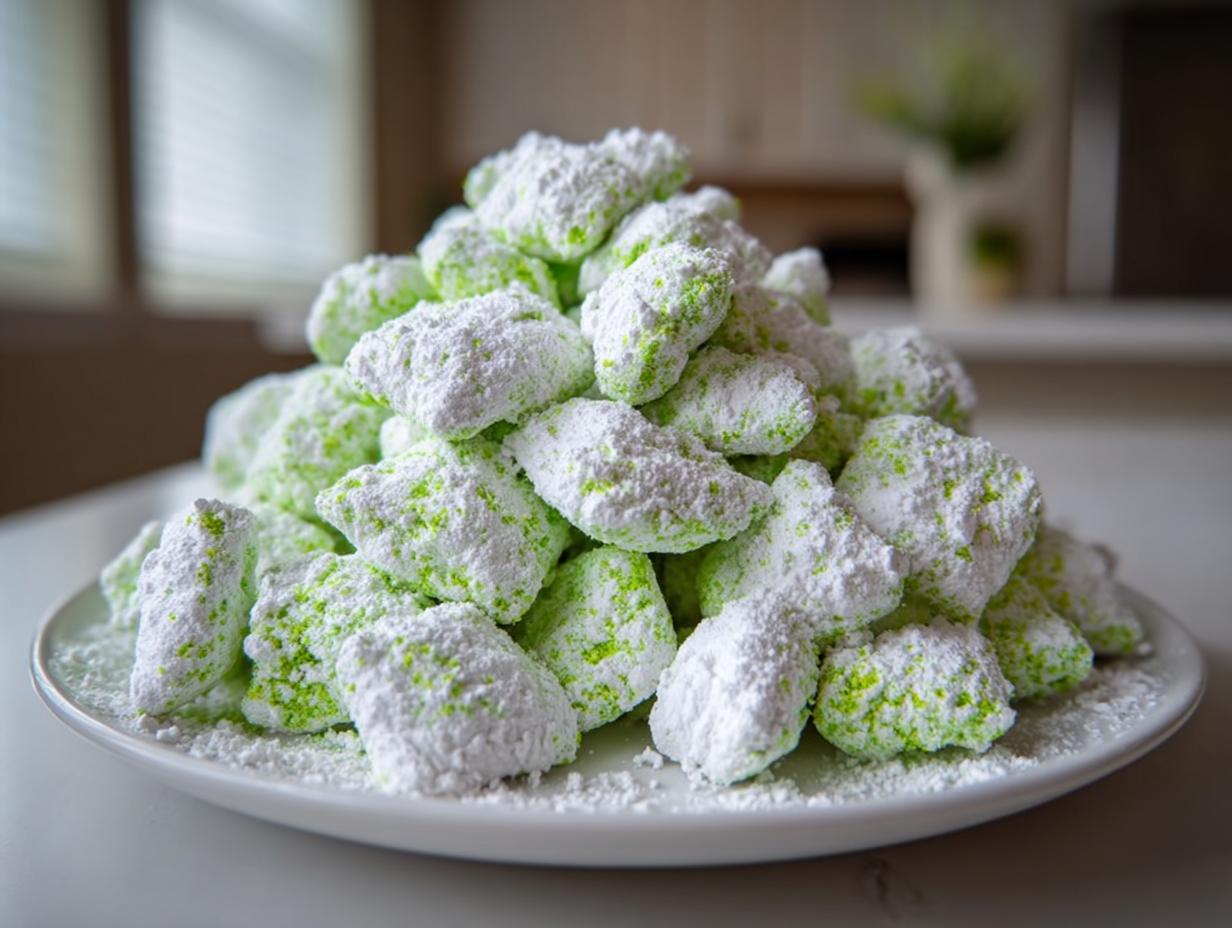 A mound of bright green pistachio puppy chow heavily coated in powdered sugar, served on a white plate.