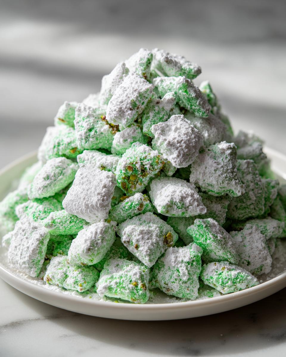A large mound of bright green pistachio puppy chow heavily dusted with white powdered sugar, piled high on a white plate.