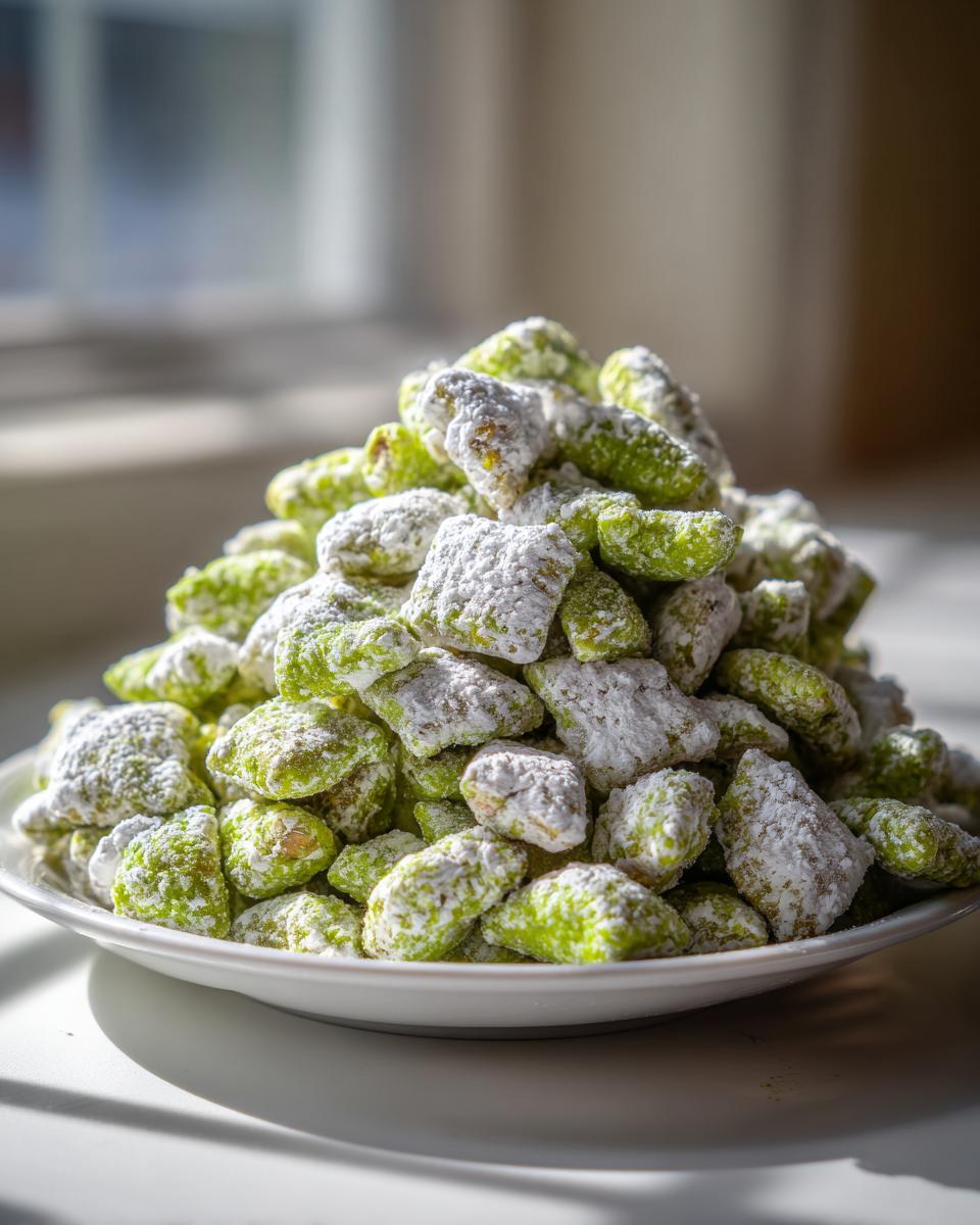 A mound of bright green pistachio puppy chow heavily dusted with powdered sugar, served on a white plate.