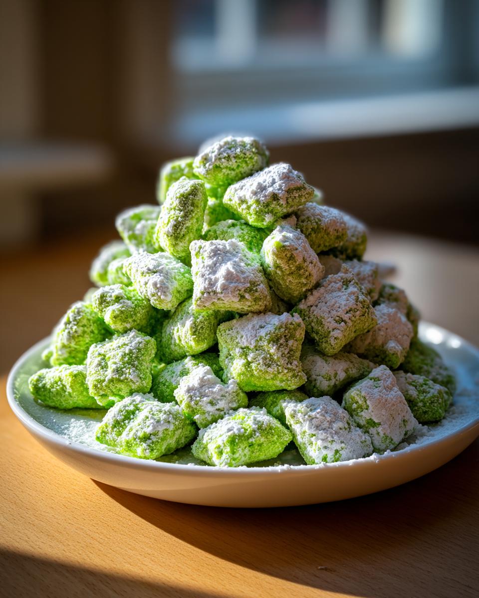 A mound of bright green, powdered sugar-dusted pistachio puppy chow piled on a white plate.