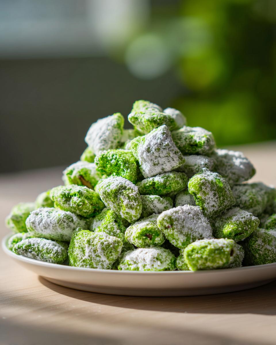 A mound of bright green, powdered sugar-dusted pistachio puppy chow piled high on a white plate.