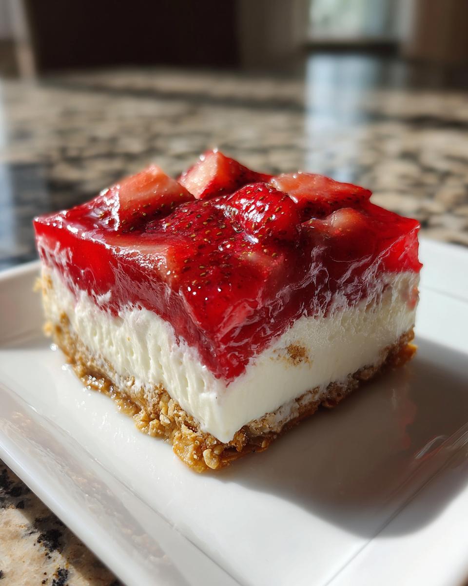 A square slice of pretzel salad featuring a crunchy crust, creamy filling, and bright red strawberry topping.