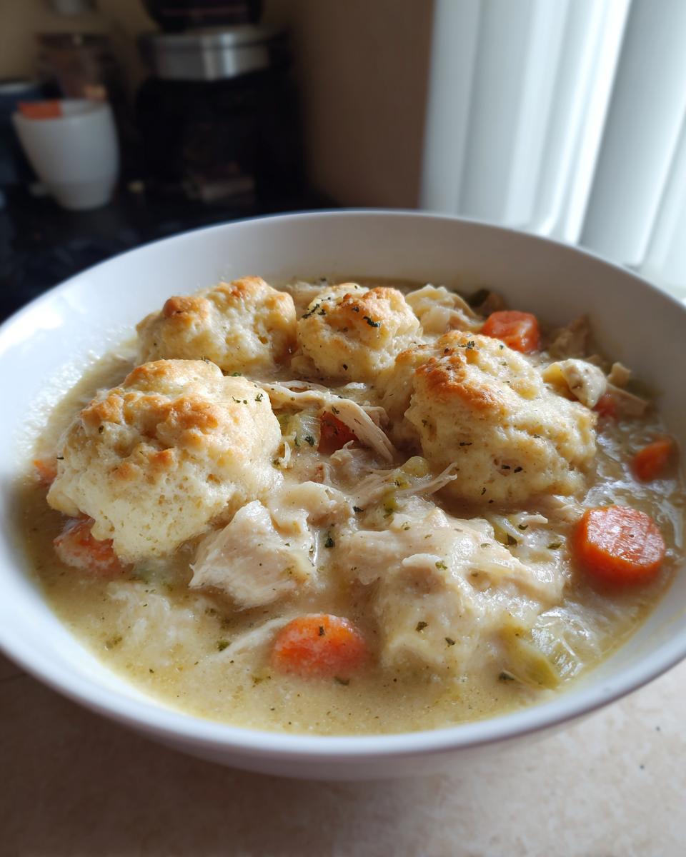 A close-up of a white bowl filled with creamy chicken and dumplings, featuring fluffy biscuits and sliced carrots.
