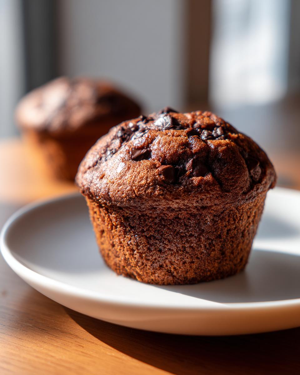 Close-up of a rich, dark chocolate chip muffin sitting on a white plate, with another muffin blurred in the background.