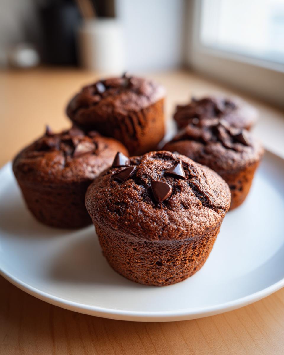 A close-up of four rich, dark chocolate chip muffins topped with chocolate chips, sitting on a white plate.