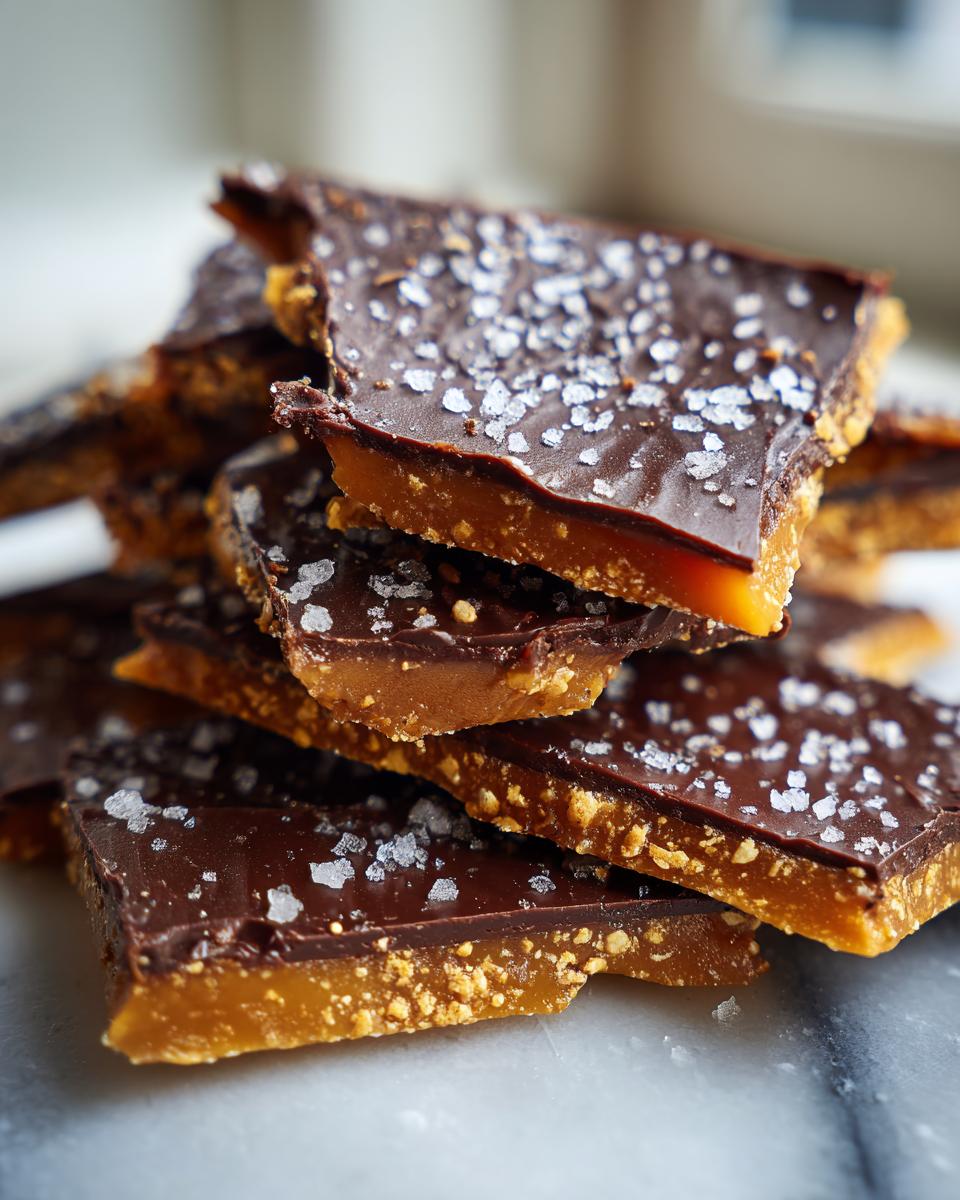 Close-up of stacked, broken pieces of homemade toffee recipe topped with dark chocolate and flaky sea salt.
