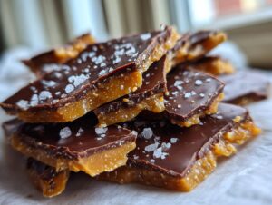 Close-up of broken pieces of homemade toffee recipe, featuring a layer of crunchy toffee topped with dark chocolate and sea salt.