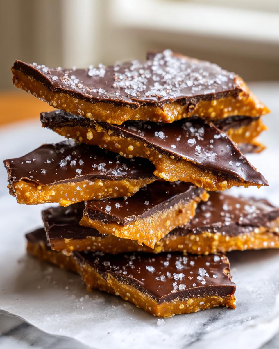 A stack of broken pieces of homemade toffee recipe, featuring a crunchy caramel base topped with dark chocolate and sea salt.