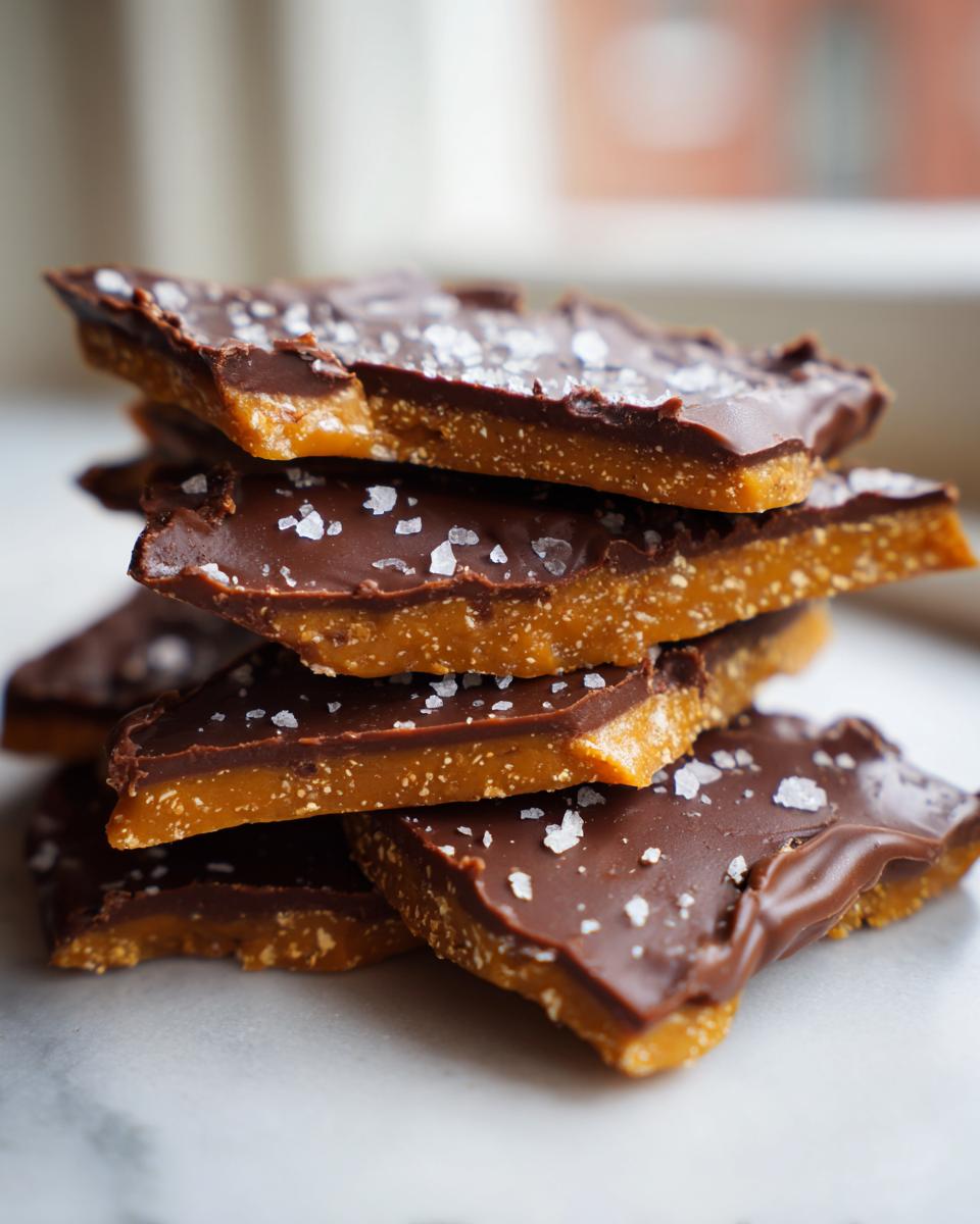 Stack of broken pieces of homemade toffee recipe topped with melted chocolate and sea salt flakes.