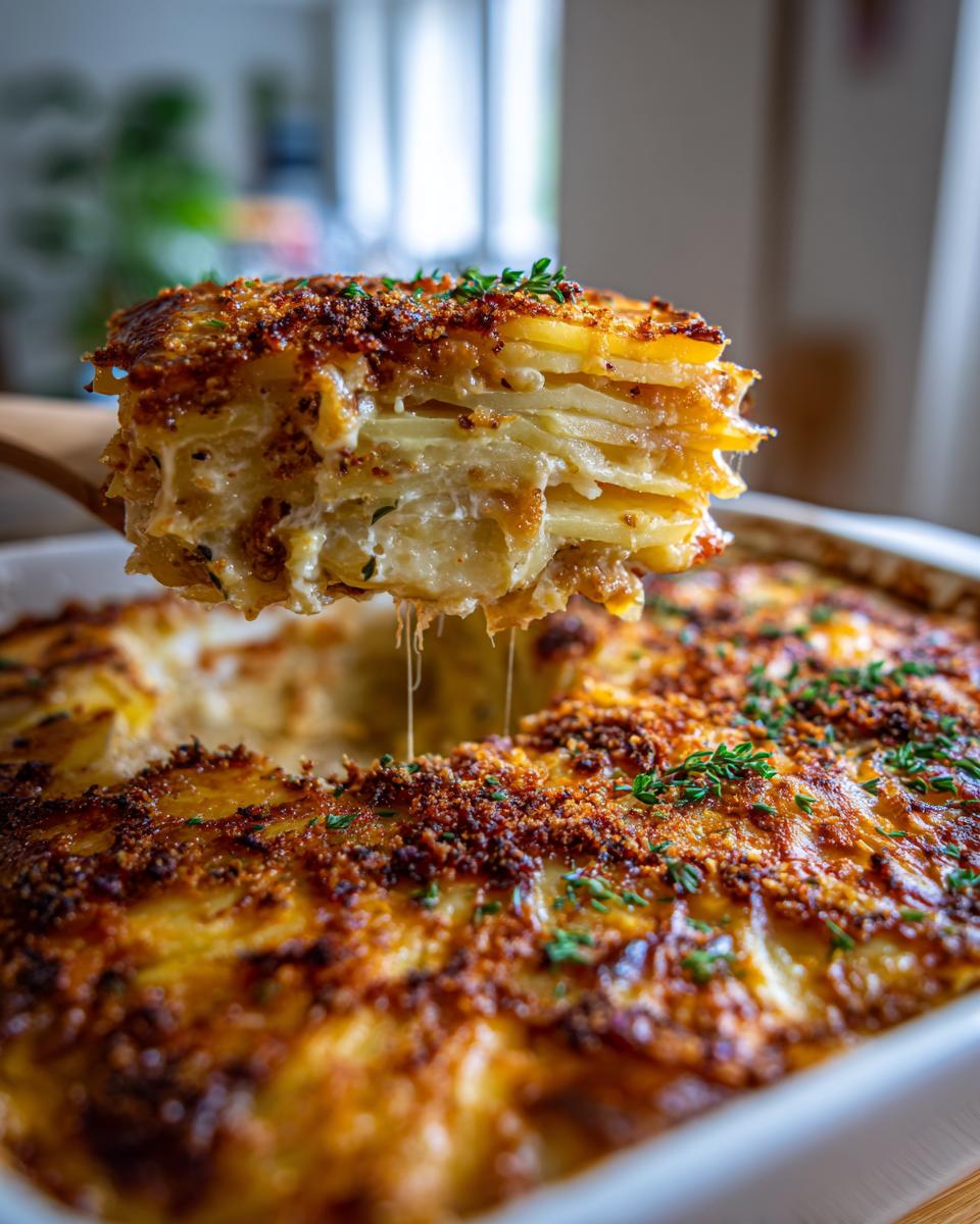 A serving spoon lifts a cheesy, layered slice of french onion potato bake from the baking dish.