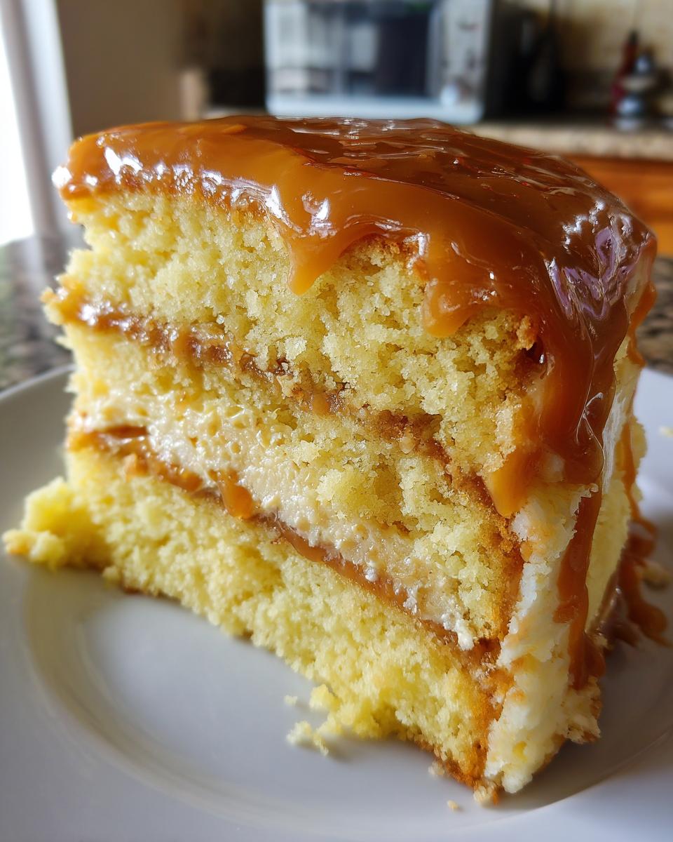 Close-up of a moist slice of caramel cake recipe showing layers of yellow cake, cream filling, and thick caramel topping.