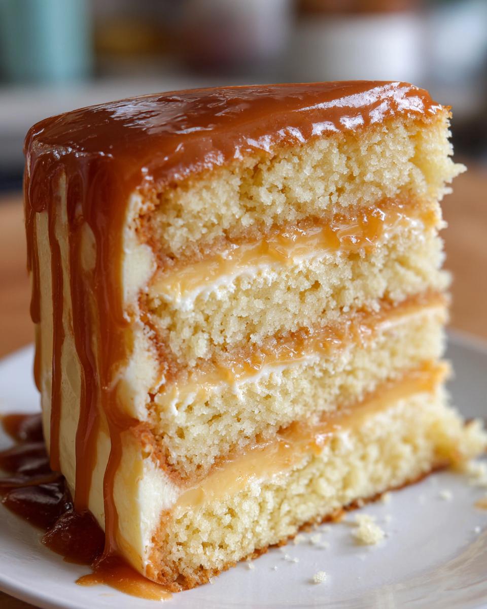 Close-up of a decadent slice of caramel cake recipe showing three layers of sponge cake, cream, and thick caramel filling.