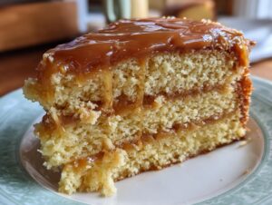 Close-up of a moist slice of caramel cake recipe with thick caramel frosting dripping down the sides.
