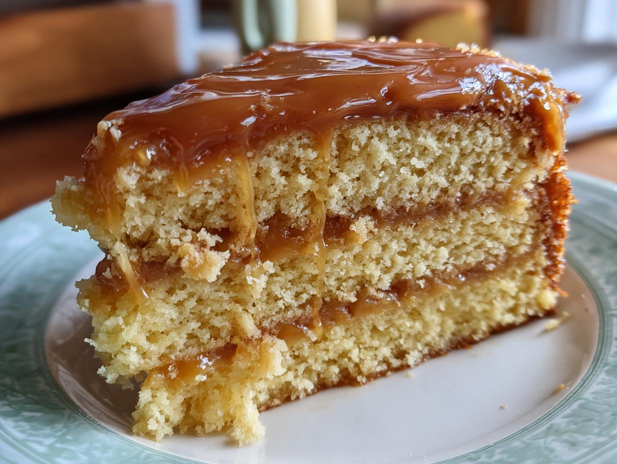 Close-up of a moist slice of caramel cake recipe with thick caramel frosting dripping down the sides.