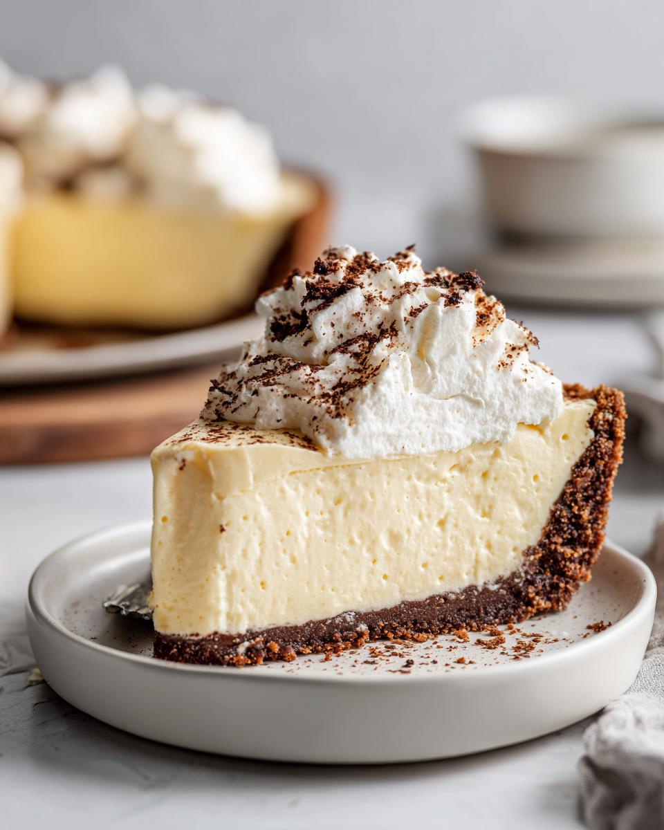 A perfect slice of creamy, yellow eggnog pie with a dark crust, topped with whipped cream and chocolate shavings.