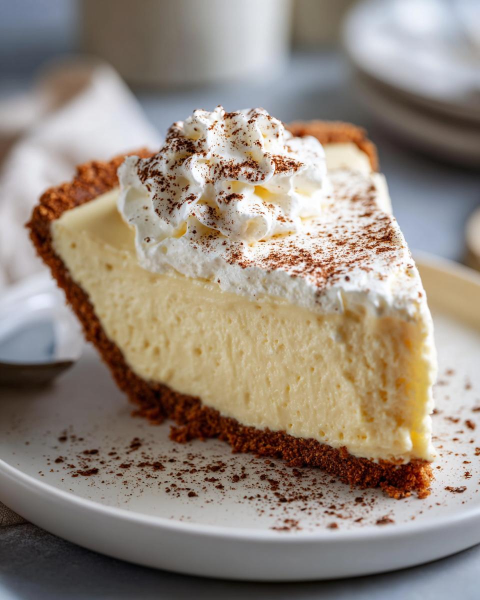 A close-up of a rich slice of eggnog pie featuring a graham cracker crust, creamy filling, and topped with whipped cream and cocoa powder.