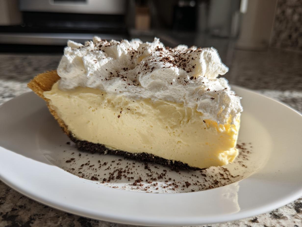 A generous slice of creamy yellow eggnog pie with a dark crust, topped high with whipped cream and sprinkled with cocoa.