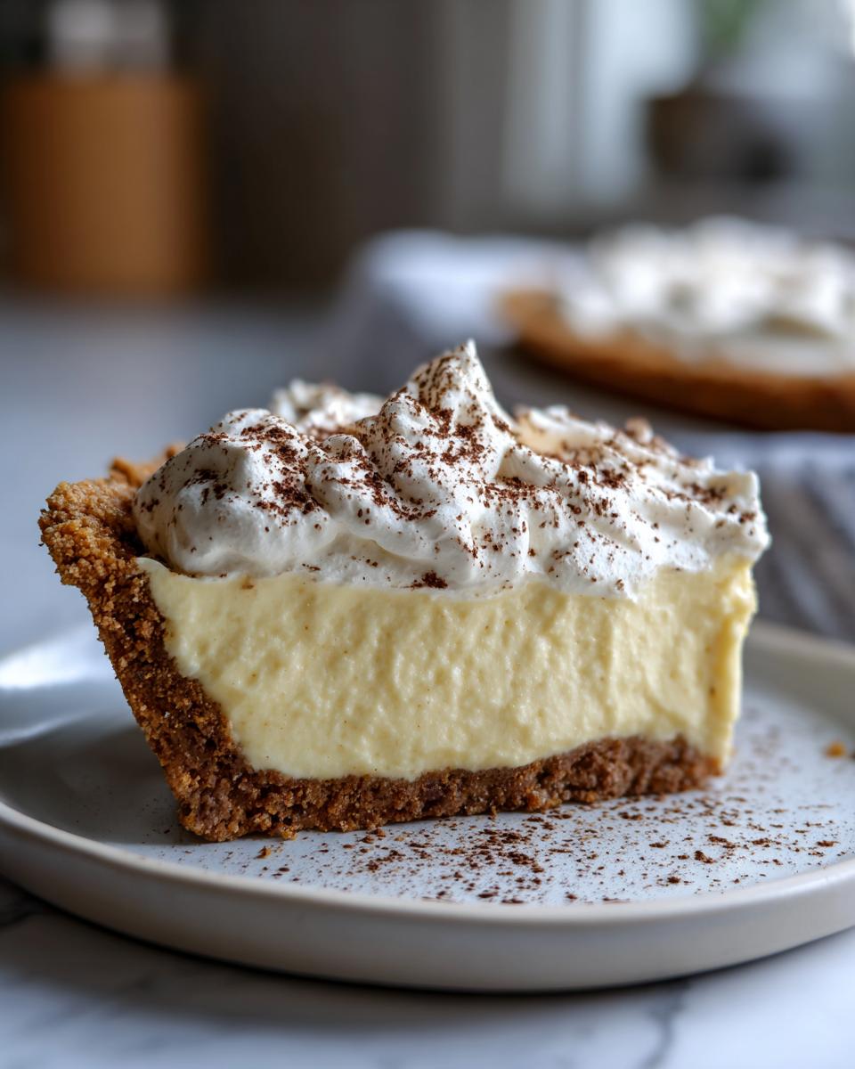 A close-up slice of creamy eggnog pie with a graham cracker crust, topped with whipped cream and nutmeg.