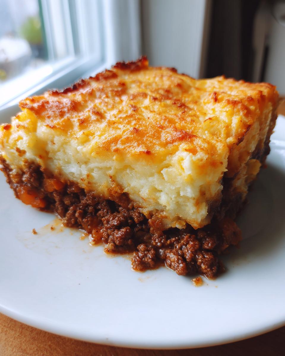 A thick slice of cottage pie showing the rich meat filling and golden, crispy mashed potato topping.