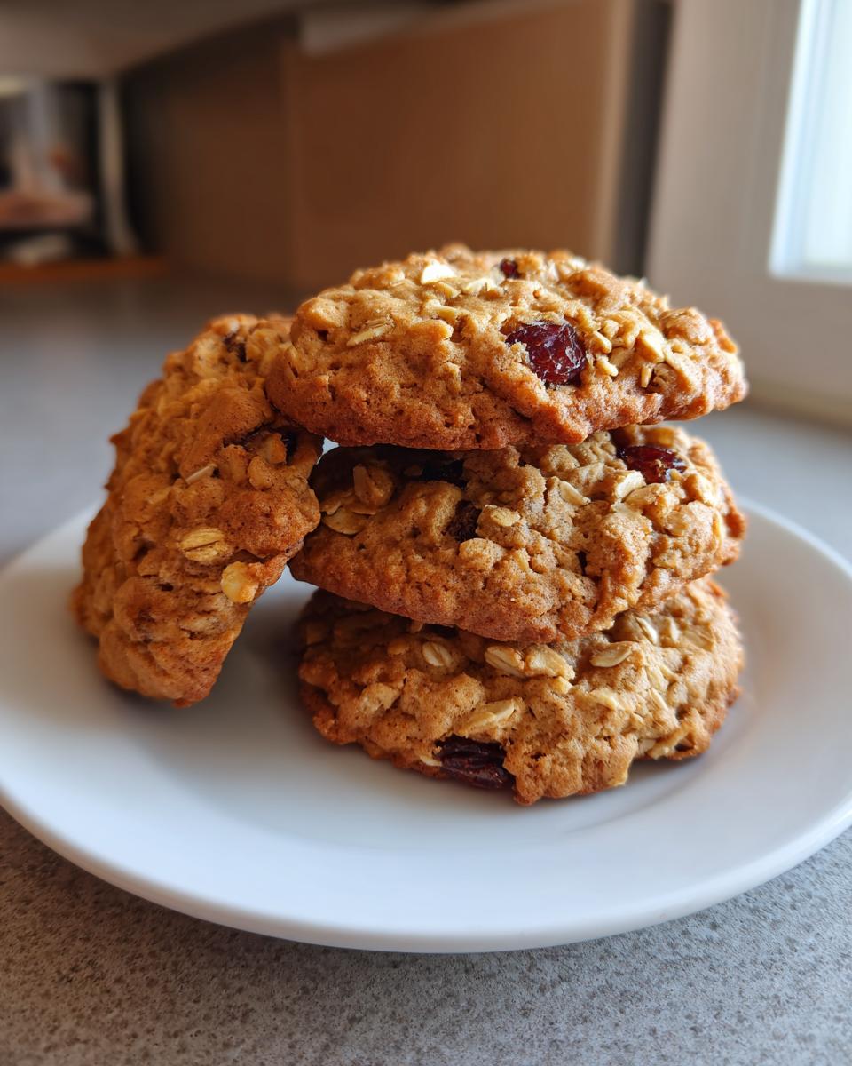 A stack of four soft oatmeal raisin cookies piled on a small white plate, showcasing visible oats and raisins.