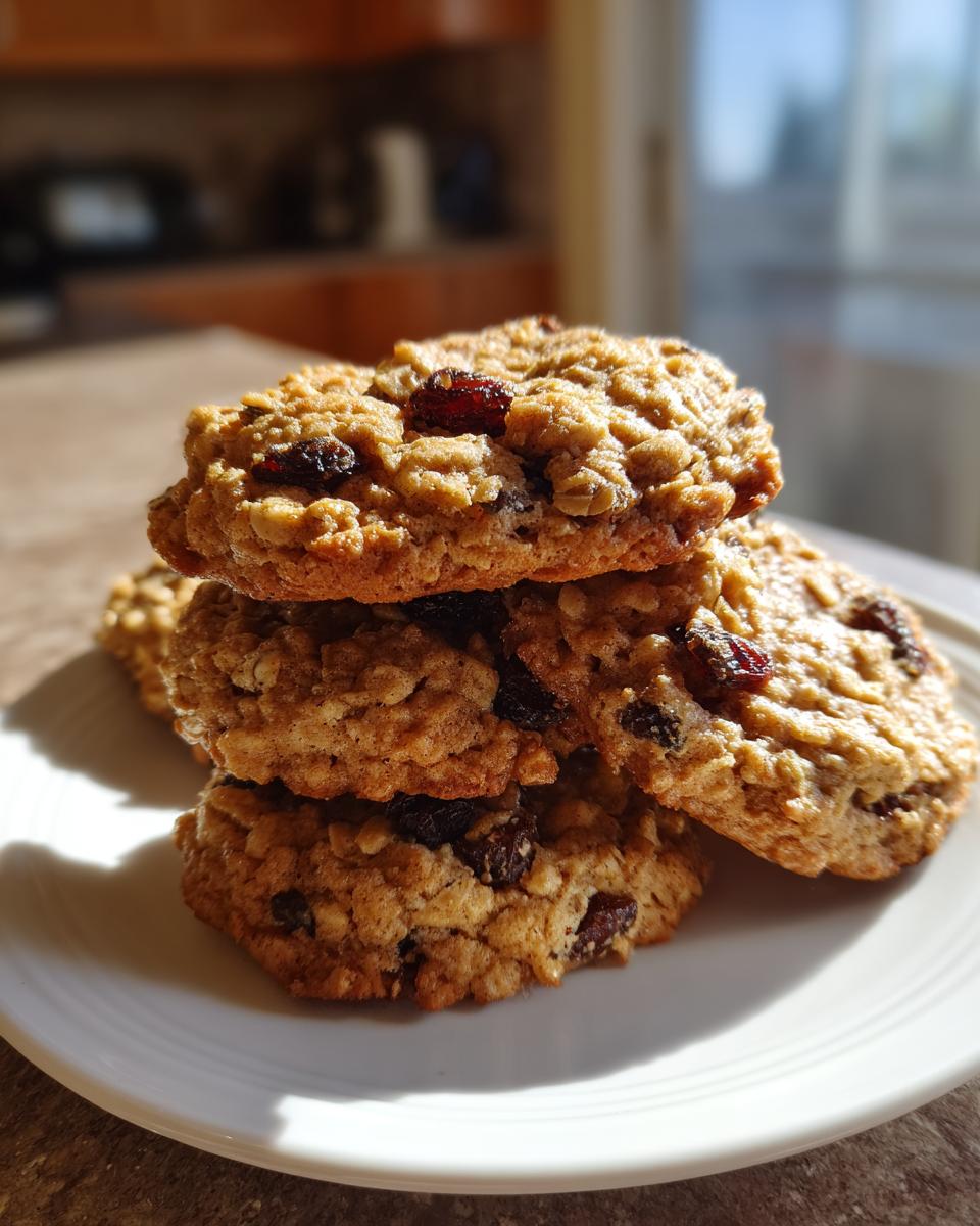 A stack of four soft oatmeal raisin cookies piled on a white plate, highlighted by natural sunlight.