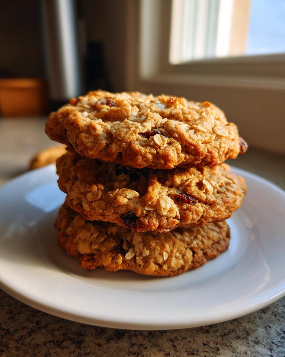 A stack of three golden brown oatmeal raisin cookies resting on a white plate, highlighted by natural sunlight.
