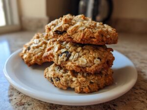 A stack of three thick, soft oatmeal raisin cookies resting on a small white plate.