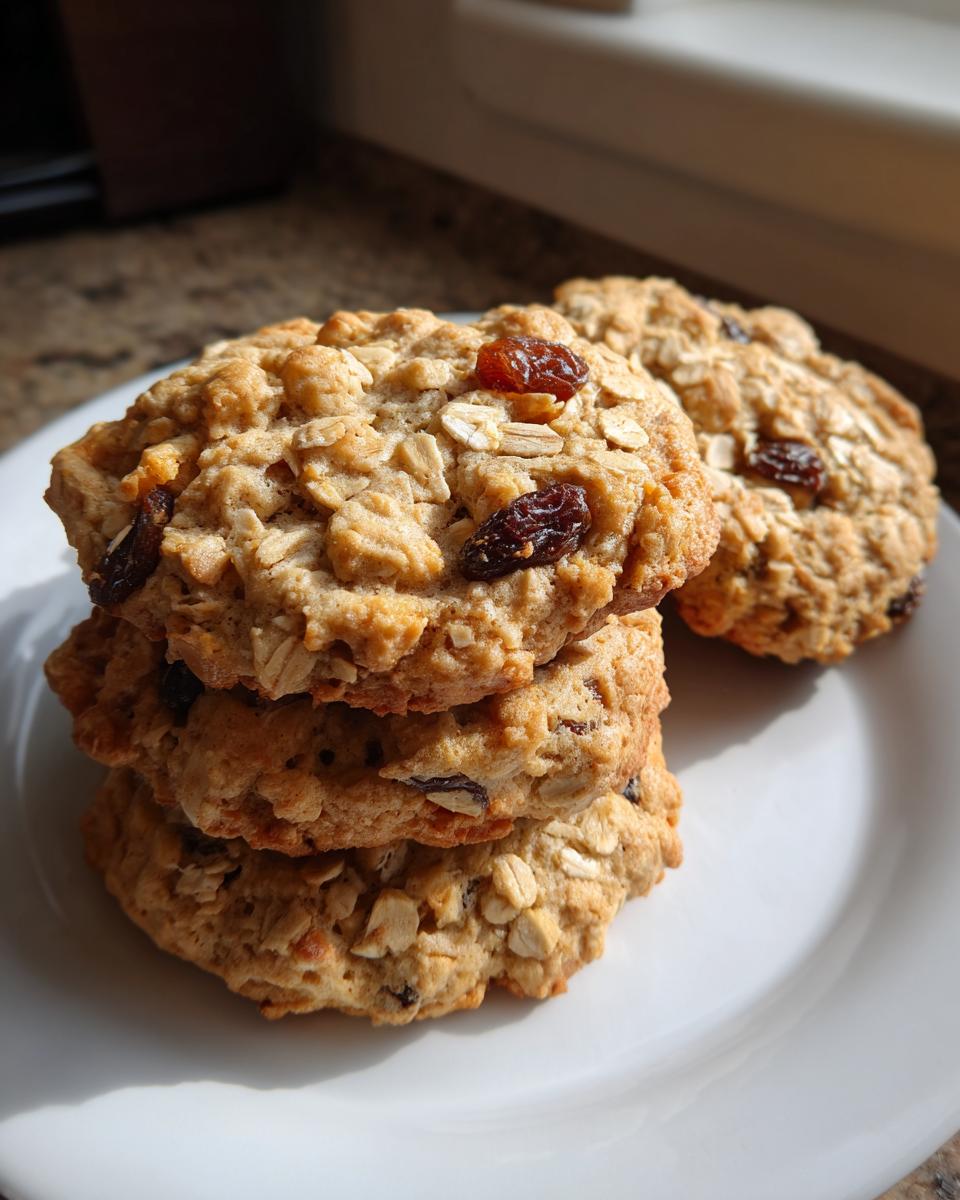 A stack of three soft oatmeal raisin cookies, with one cookie resting beside them on a white plate.
