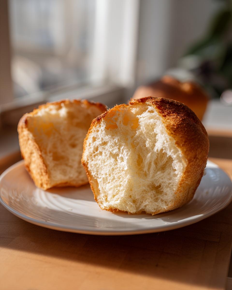 Close-up showing the airy, open crumb structure inside a sourdough english muffin.