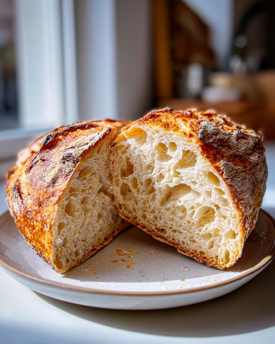 Close-up of a loaf of sourdough english muffins, split open to show the airy, open crumb structure.