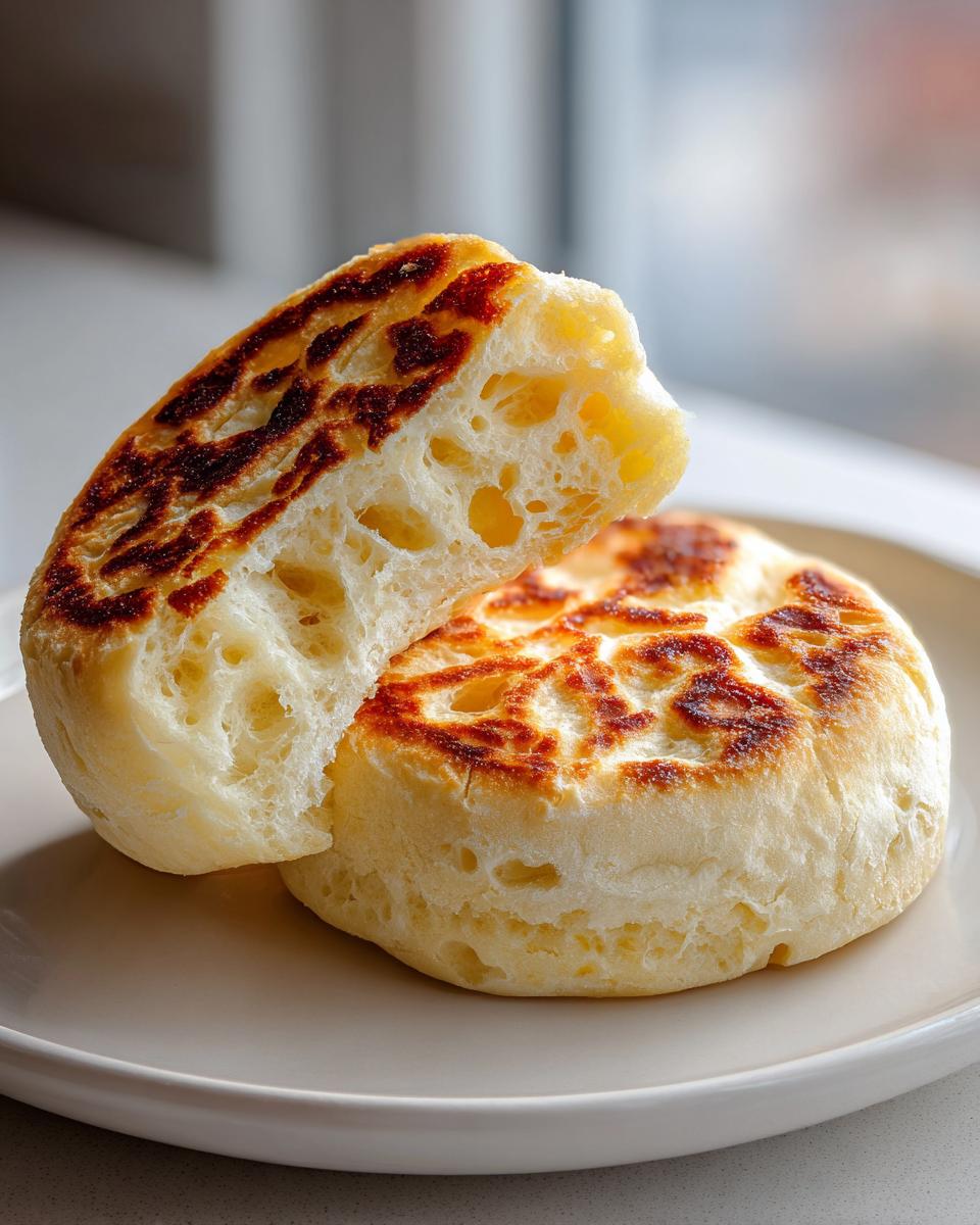 Close-up of a sourdough english muffin split open, showing the signature nooks and crannies texture.