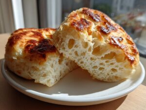 Two halves of a perfectly cooked sourdough English muffin showing the open, airy crumb structure and browned top.