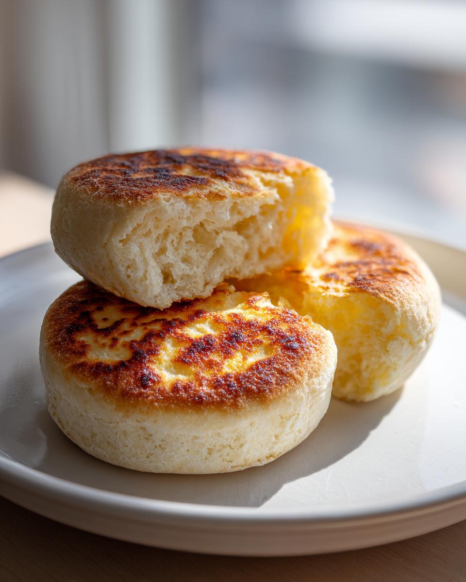 Close-up of two golden-brown sourdough english muffins stacked, one broken open showing the airy interior.