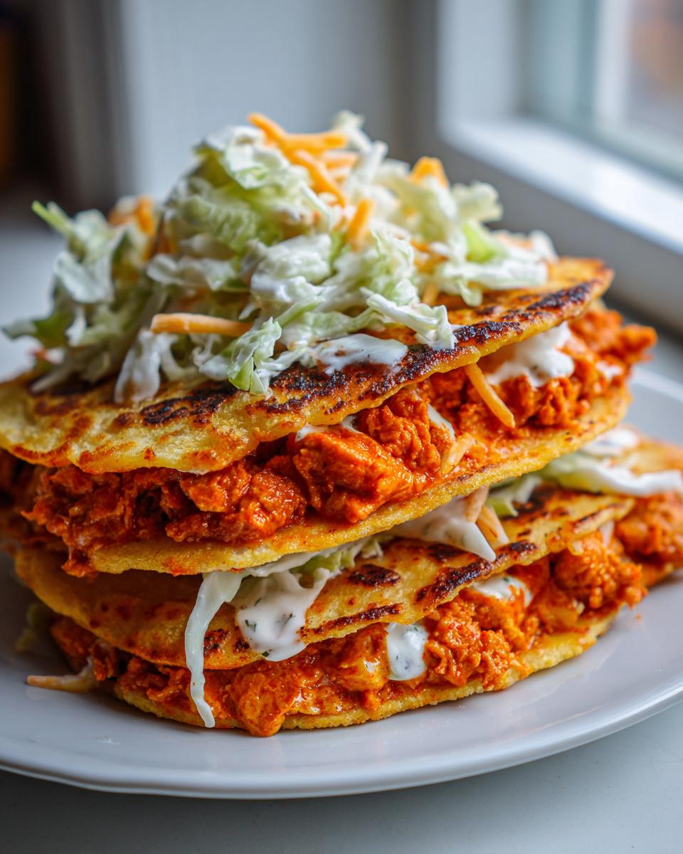 A stack of three buffalo chicken tacos filled with orange buffalo chicken, topped with creamy slaw and cheese.