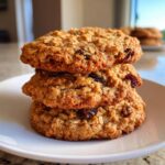 A tempting stack of three soft oatmeal raisin cookies resting on a white plate.