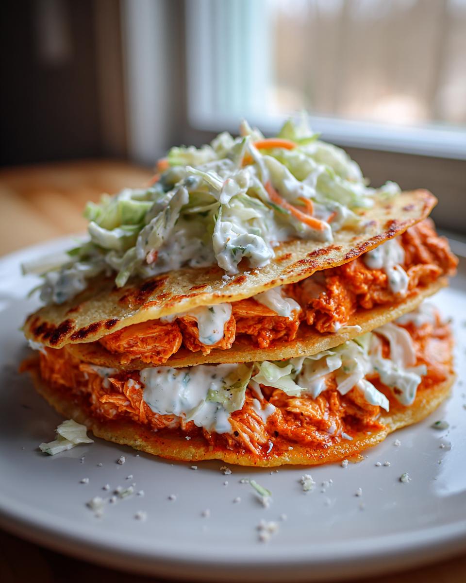 Close-up of stacked buffalo chicken tacos filled with orange sauce-coated chicken and topped with creamy blue cheese slaw.