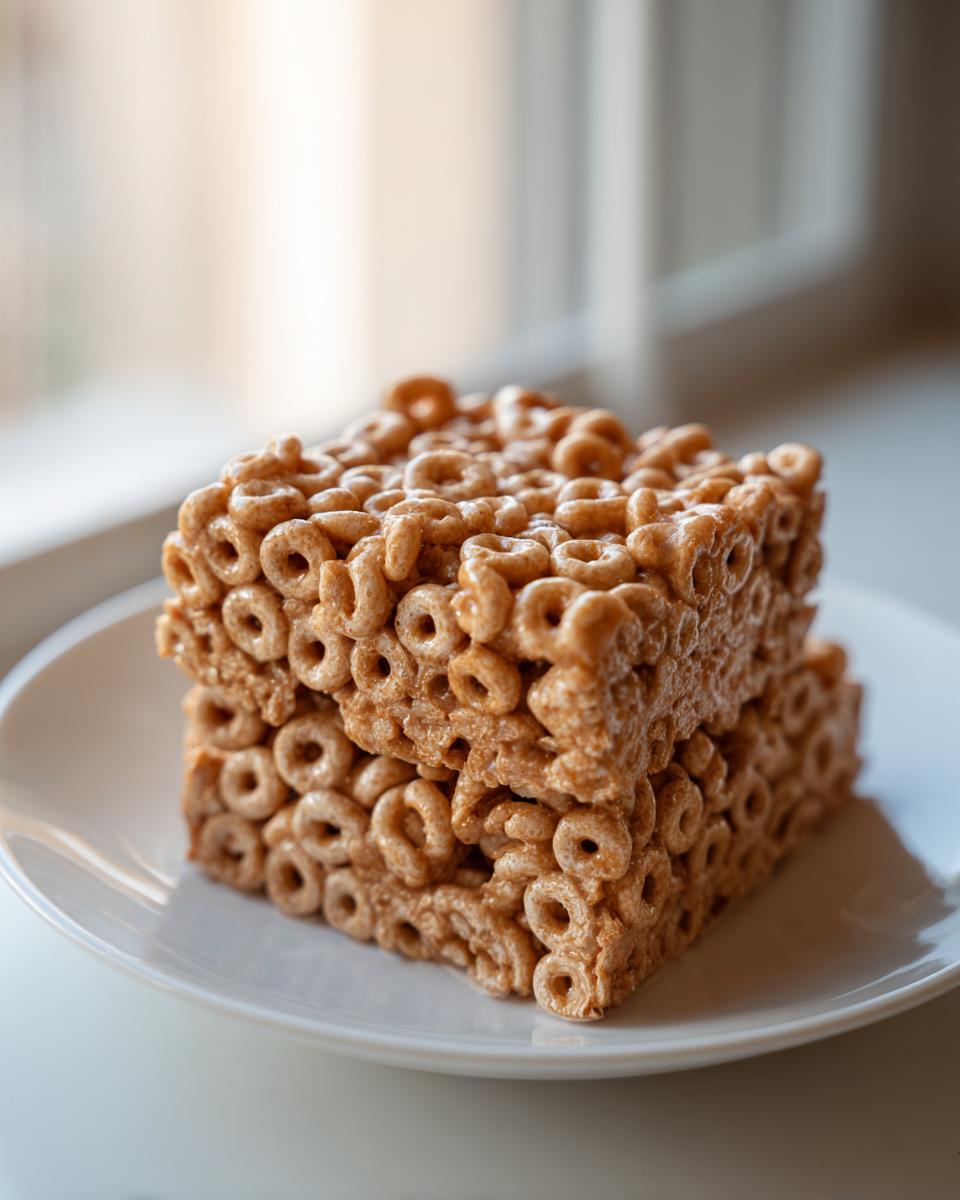 Two stacked, square portions of sticky, peanut butter-colored cheerio bars on a white plate.