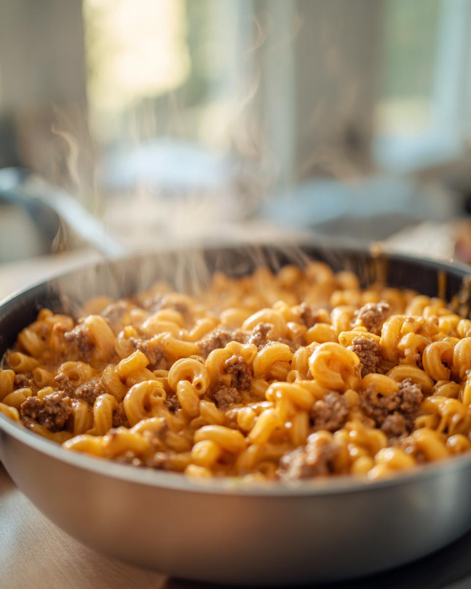 Close-up of hot, steaming cheesy taco pasta with ground beef mixed into elbow macaroni in a skillet.