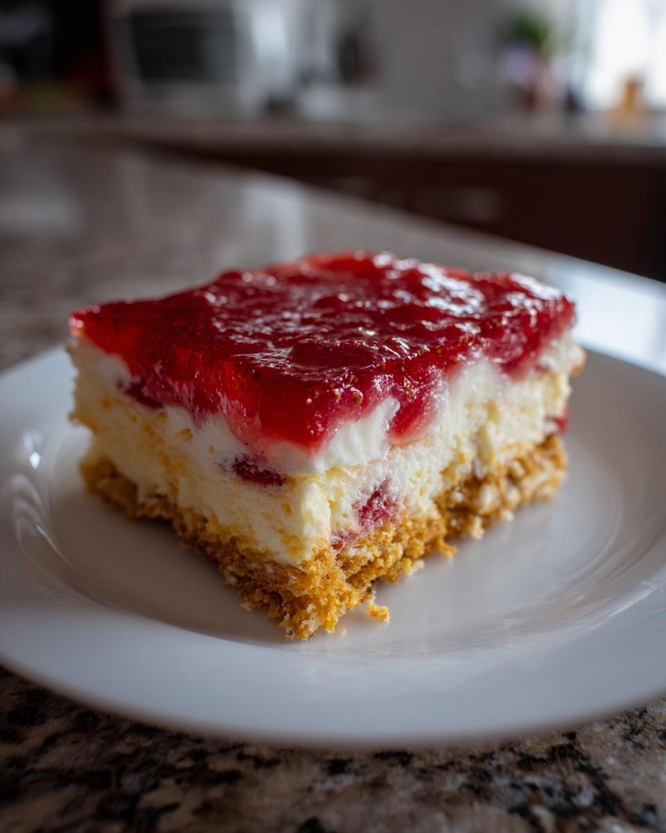 A square slice of strawberry pretzel salad with a thick pretzel crust, creamy filling, and bright red topping.