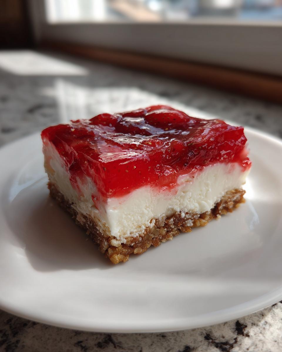A square slice of strawberry pretzel salad with a pretzel crust, cream cheese layer, and strawberry gelatin topping.