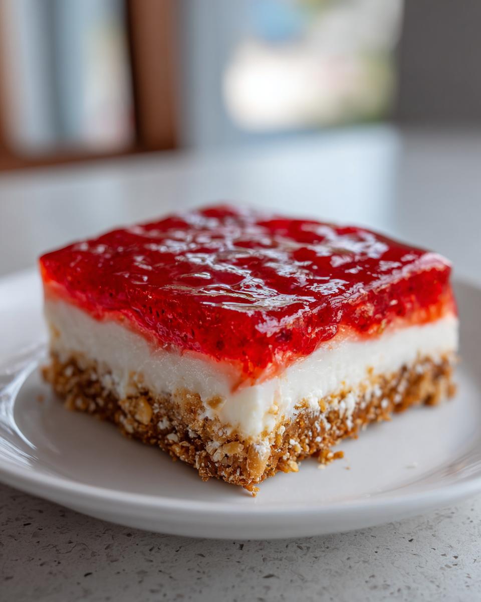 Close-up of a square slice of pretzel salad showing a crunchy crust, creamy layer, and bright red strawberry gelatin topping.