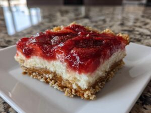 A square slice of strawberry pretzel salad showing the pretzel crust, cream cheese layer, and strawberry topping.