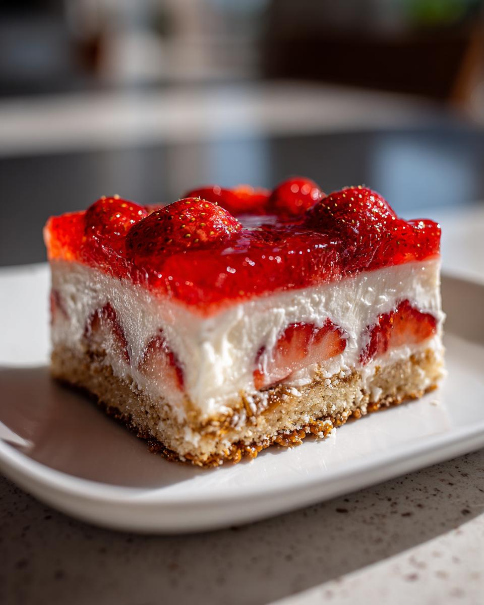 Close-up of a square slice of strawberry pretzel salad showing three distinct layers: crust, cream cheese filling with strawberries, and strawberry gelatin topping.