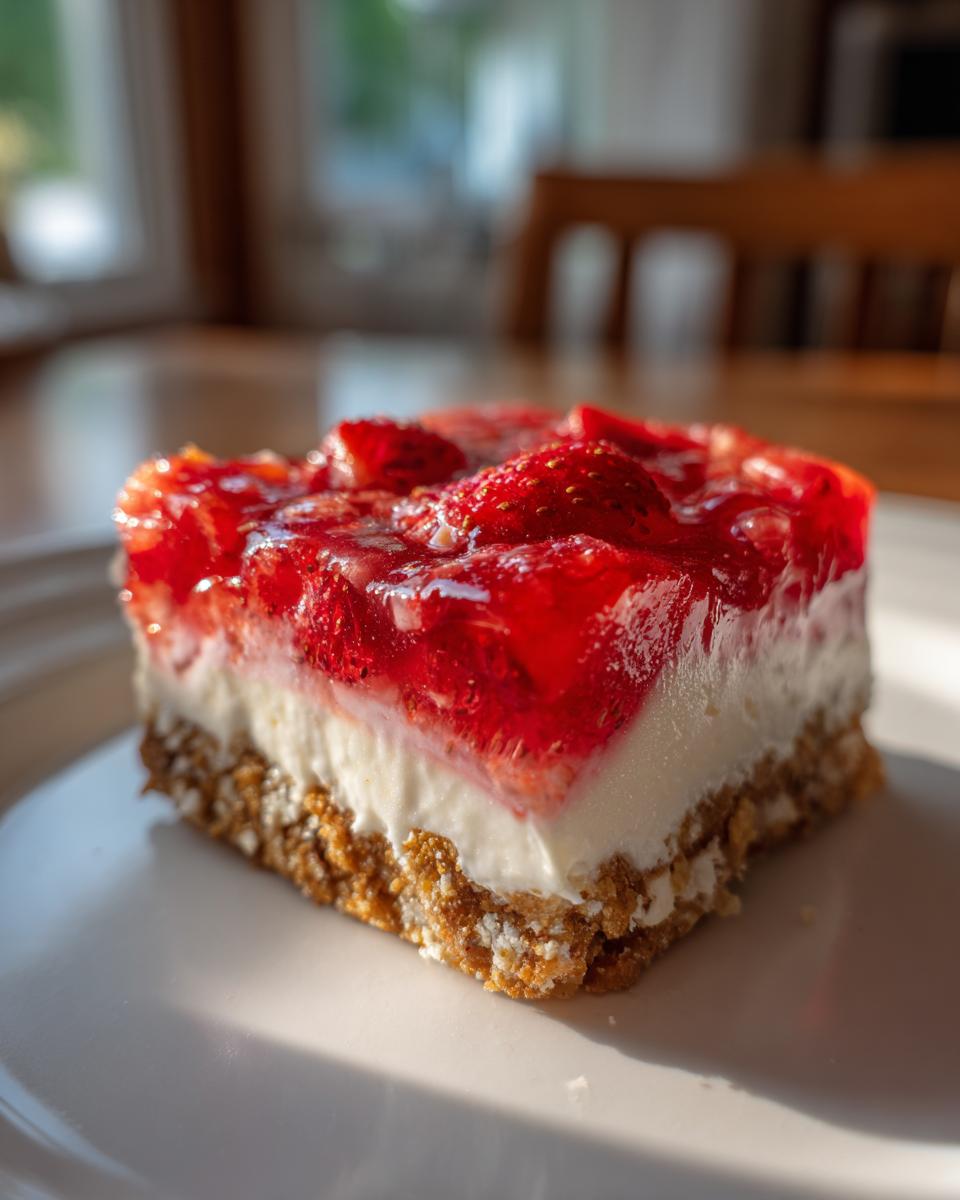 Close-up of a square slice of strawberry pretzel salad showing the pretzel crust, cream cheese layer, and strawberry gelatin topping.