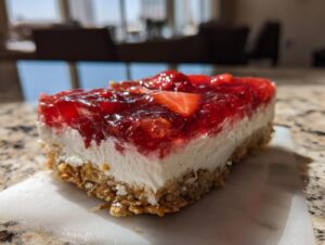 Close-up of a layered strawberry pretzel salad bar slice showing pretzel crust, cream cheese layer, and strawberry topping.
