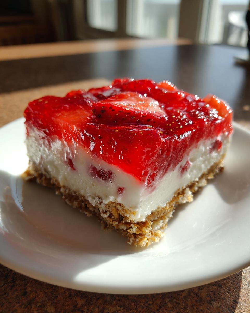 A square slice of strawberry pretzel salad showing the pretzel crust, cream cheese layer, and strawberry gelatin topping.