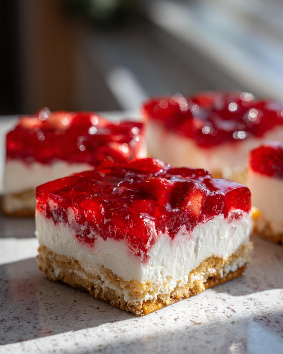 A close-up of a square slice of strawberry pretzel salad showing the pretzel crust, cream cheese layer, and bright red strawberry topping.