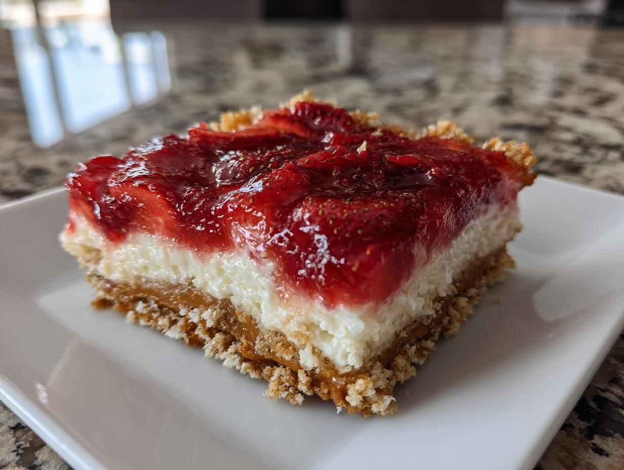 A square slice of strawberry pretzel salad showing the pretzel crust, cream cheese layer, and strawberry topping.